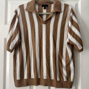 Magaschoni Men’s Brown & White Striped Knit Polo Size Large